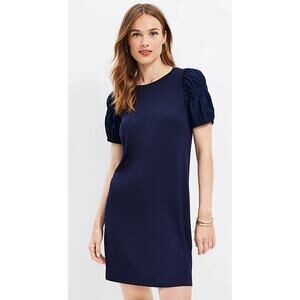 Loft Smocked Puff Sleeve Mixed Media Dress Womens Medium Deep Space Blue New